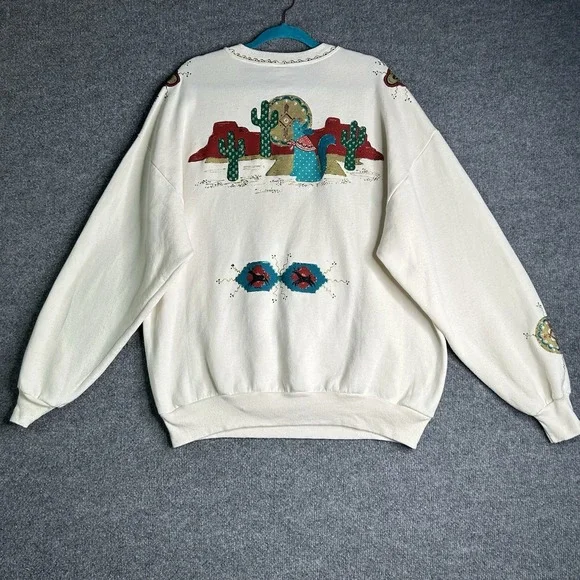 Vintage Southwestern Style Sweatshirt Women Size 2xl All Over Print Coyote Moon - Picture 2 of 11
